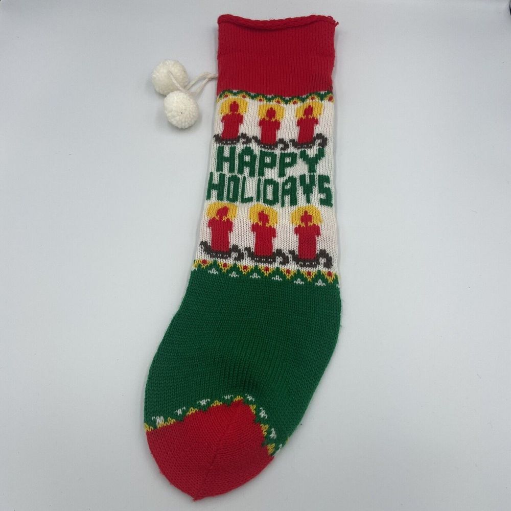 Vintage Happy‎ Holidays Stocking With Pom Poms 18" Candles Christmas